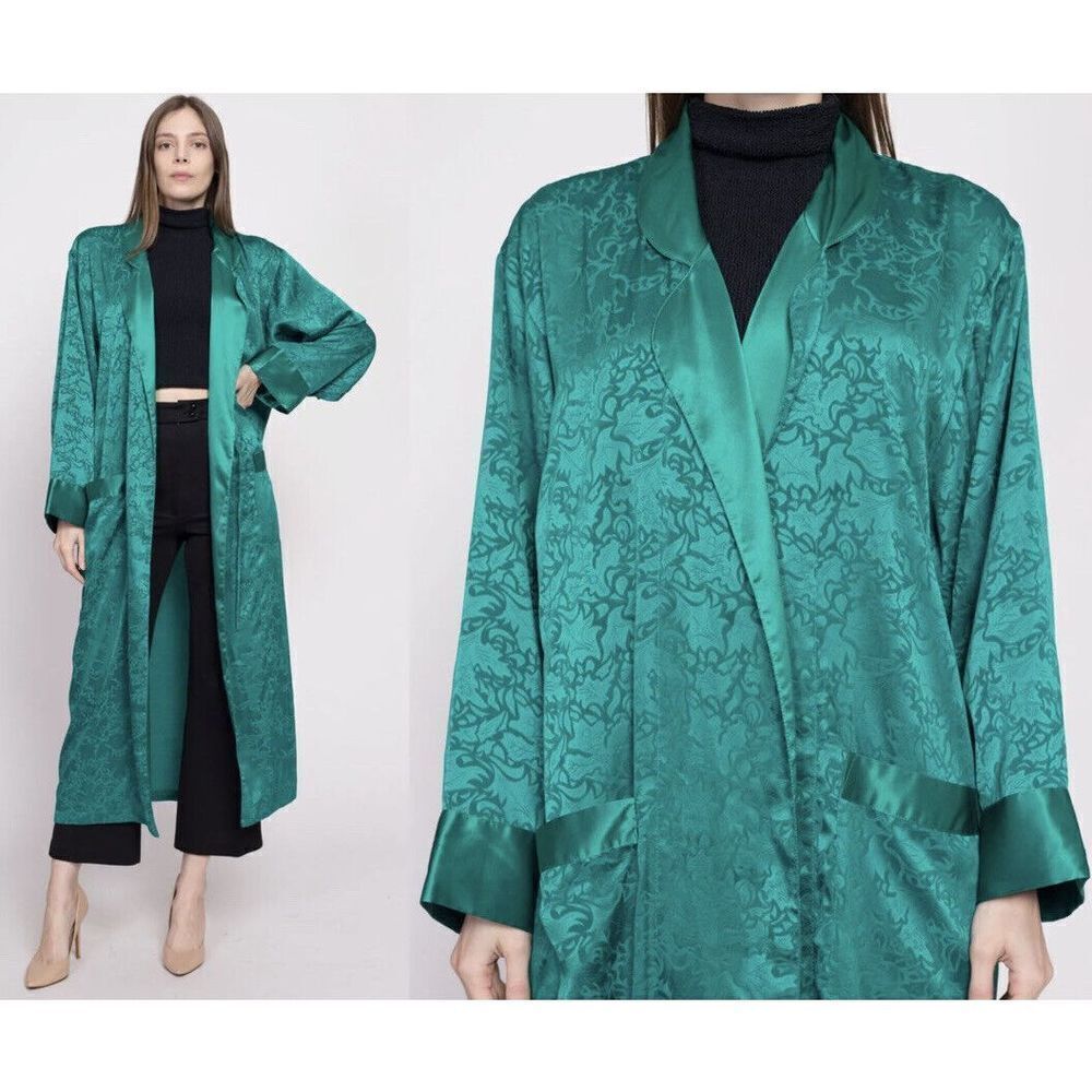 Vintage‎ Lingerine 90s Victoria's Secret Teal Satin Jacquard Robe - Medium